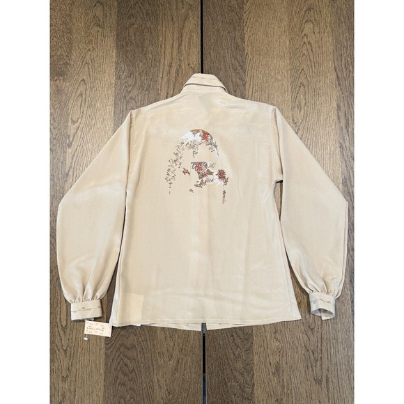 Vtg Amen Wardy Newport Beach Button Up Blouse Women’s 40/M Beige Graphic Print - Picture 2 of 14